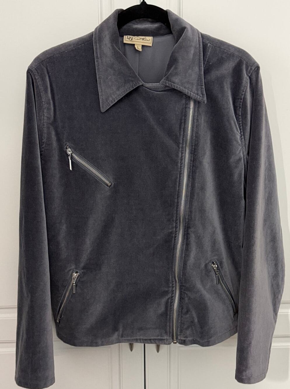 DG2 Diane Gilman Gray Velour Moto Jacket with Zippered Pockets & Closure Size L